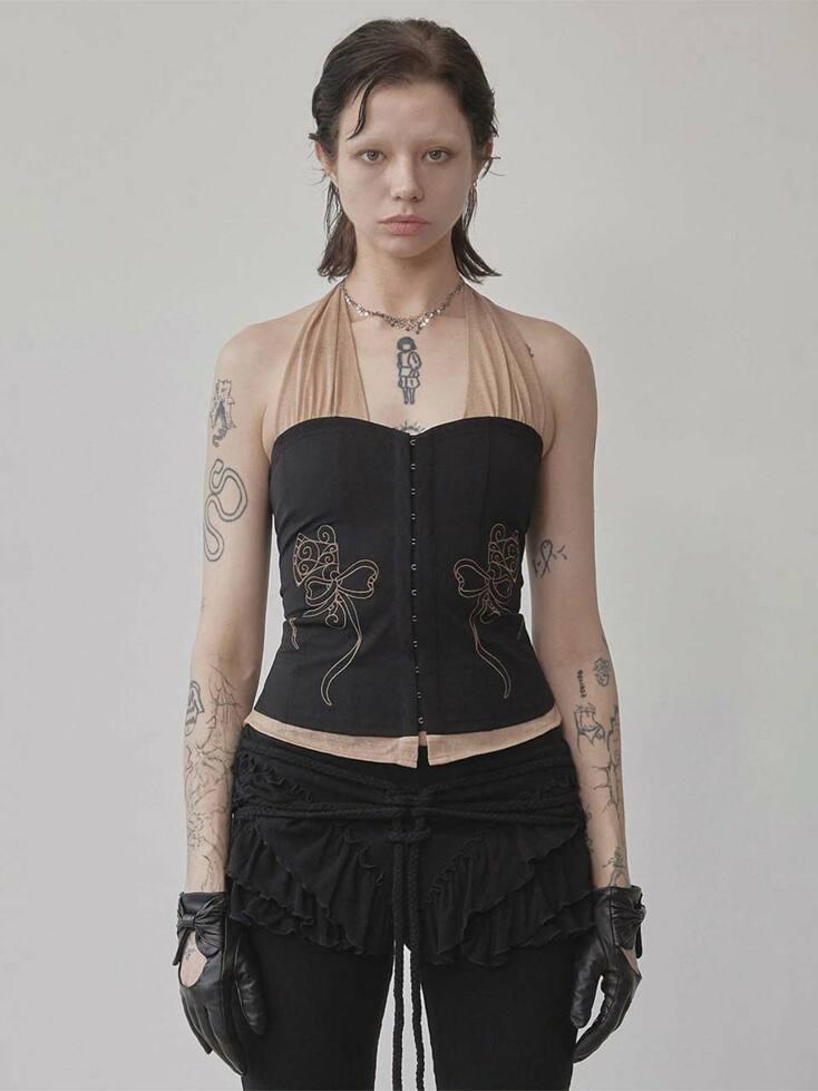 Farm Corset Halter Top Black/Skin