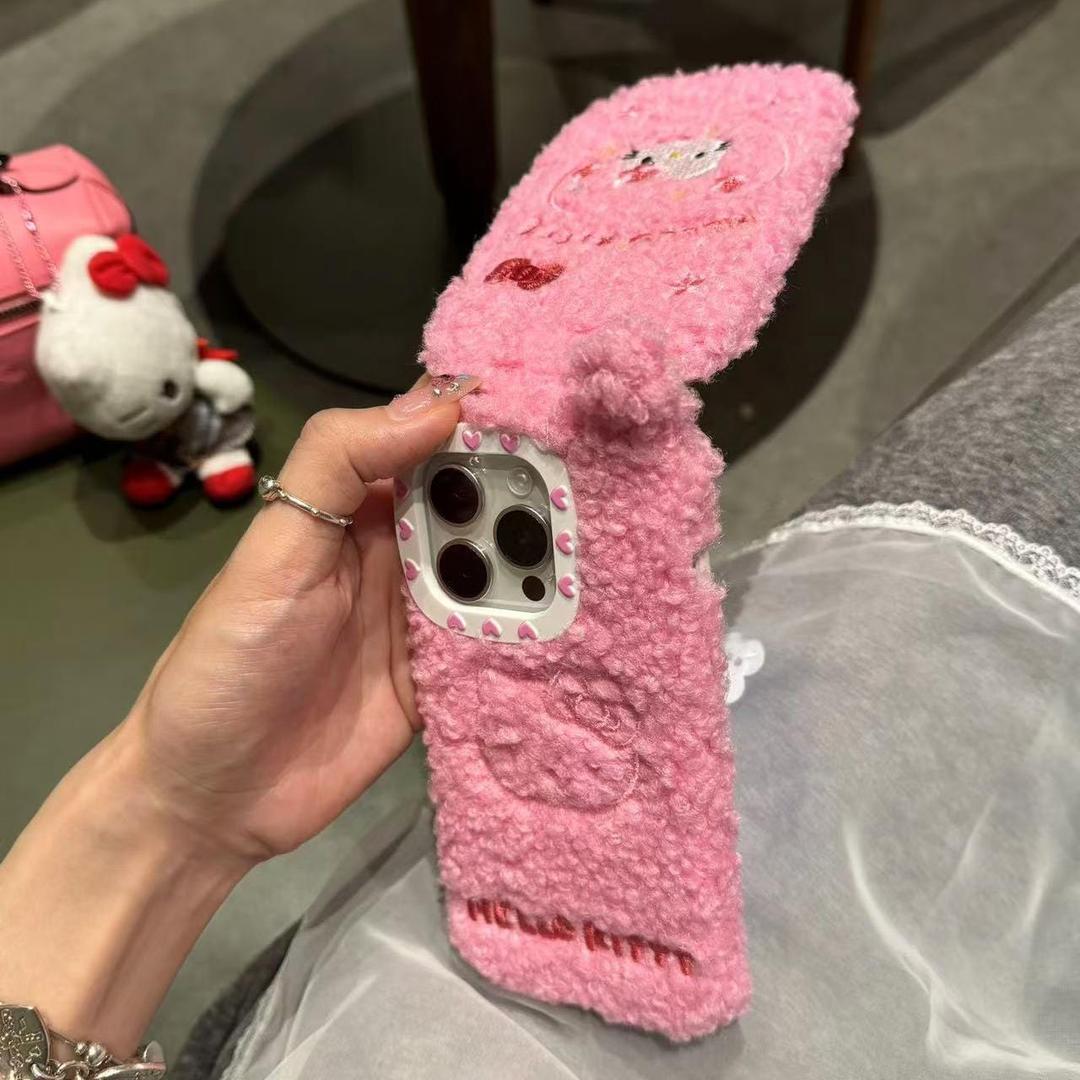 Cute Hello Kitty Embroidery Plush Mirror Flip iPhone Case - iPhone16