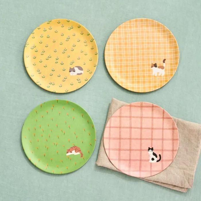 L 뚱냥이 들꽃 뱀부파이버 패턴 원형접시 4P
