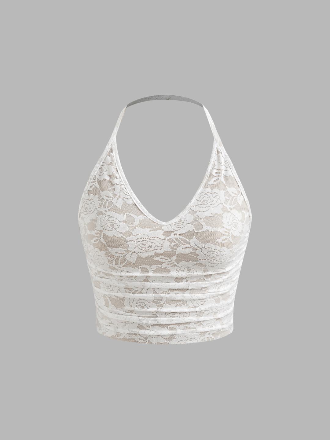 V-neck Floral Lace Ruched Halter Crop Cami Top