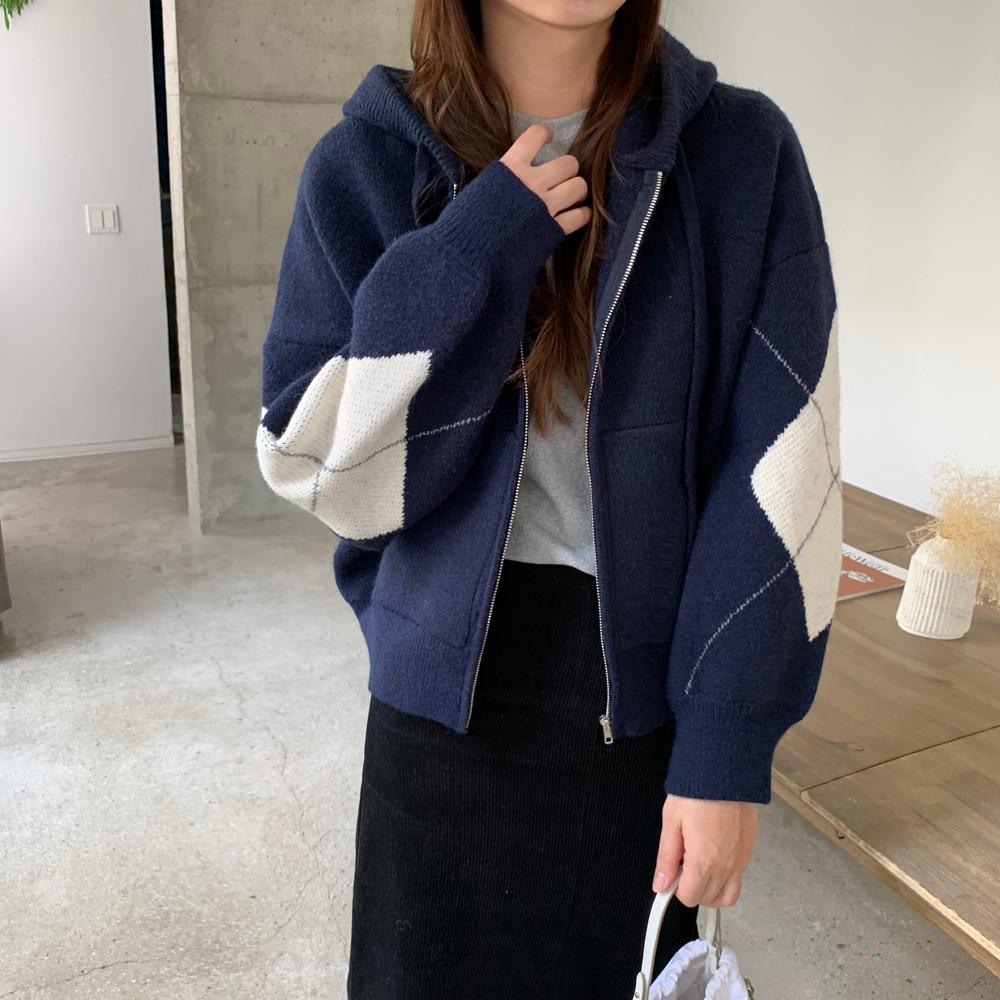오버핏 배색 벌룬 아가일 여자 니트가디건 후드 여성 니트 집업 가디건 : 코이블리