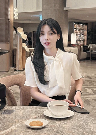 [하객룩] (반팔) 러블 타이 리본 블라우스