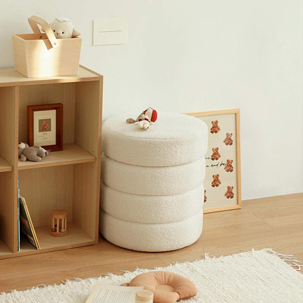 마시멜로우 부클레 패브릭 수납 화장대 스툴 보조 원형 미니 카페 의자
