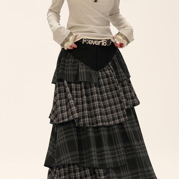 Black Layered Patchwork Check Skirt