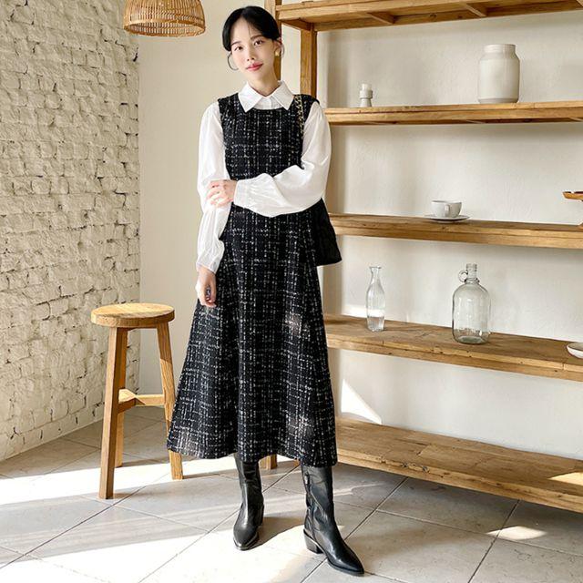 격자트위드플레어롱원피스