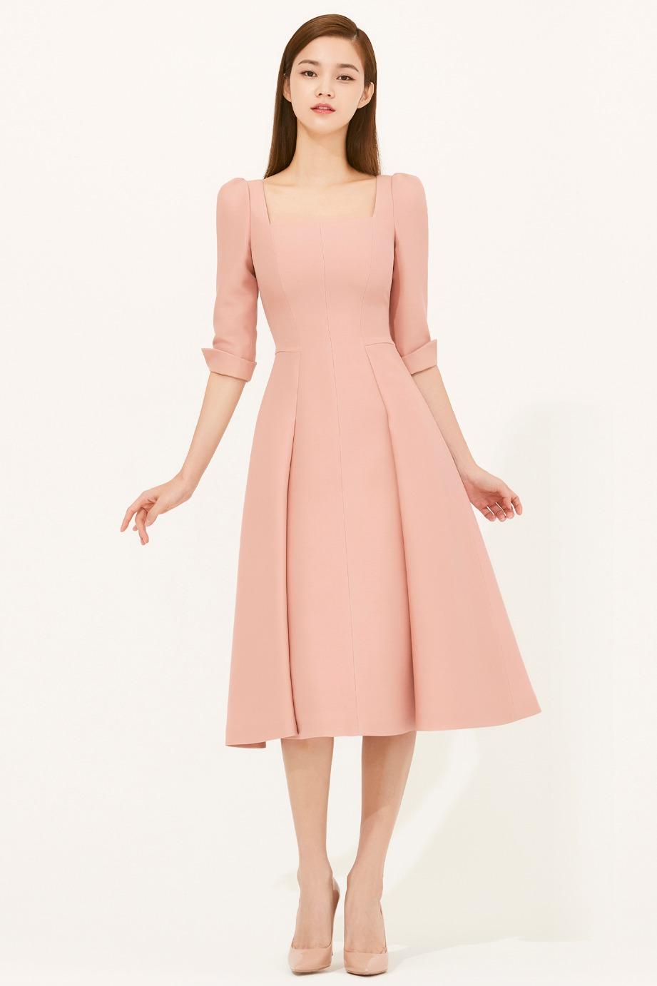 WOOL SILK SQUARE NECK LINE FLARE DRESS