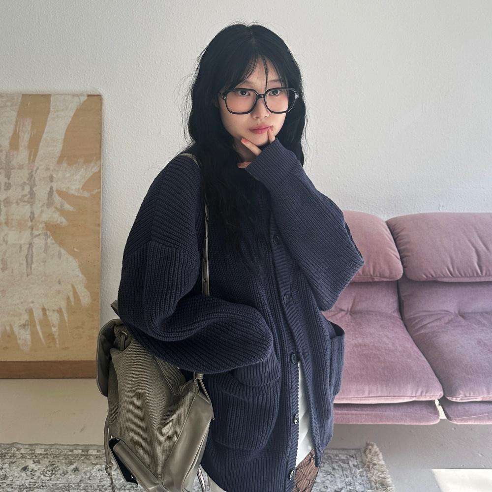 [미희 PICK] Cotton Round Knit Cardigan_Navy