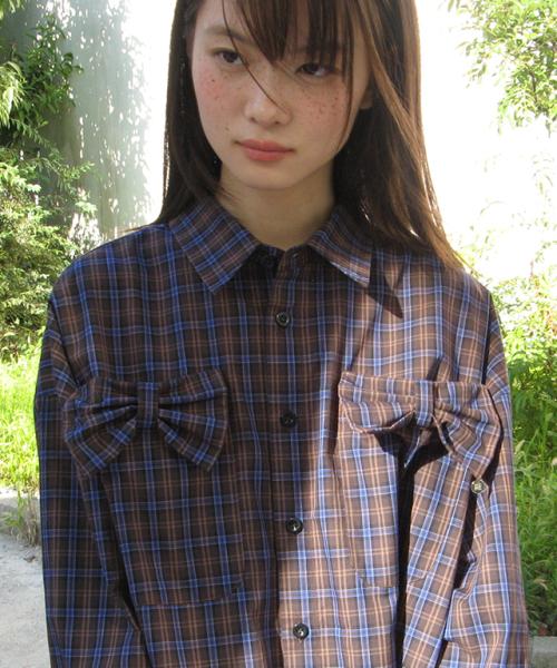 RIBBON 2 POCKET LOOSE FIT CHECK SHIRT BLUE BROWN