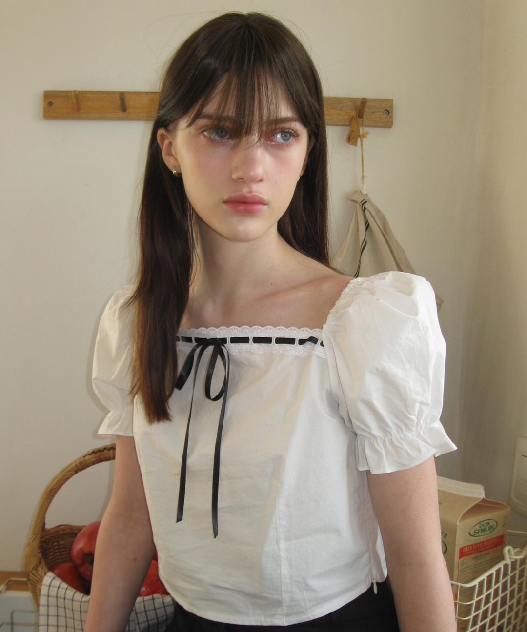 Lauren Ribbon Square Neck Blouse ( White )