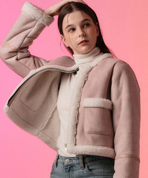 WOMEN 무톤 스웨이드 양털 볼레로 무스탕 자켓 [핑크] 크롭 ver.