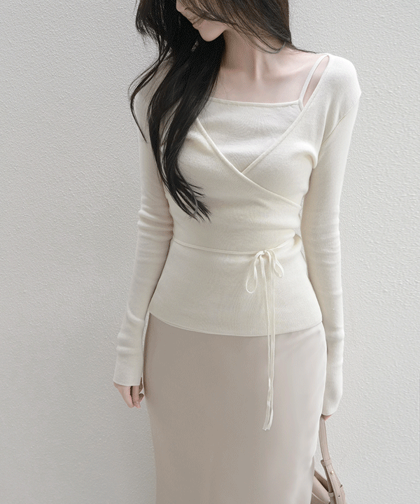 퍼빗 [여리핏/출근룩] 아를 슬리브리스 랩 니트 세트 - 4color