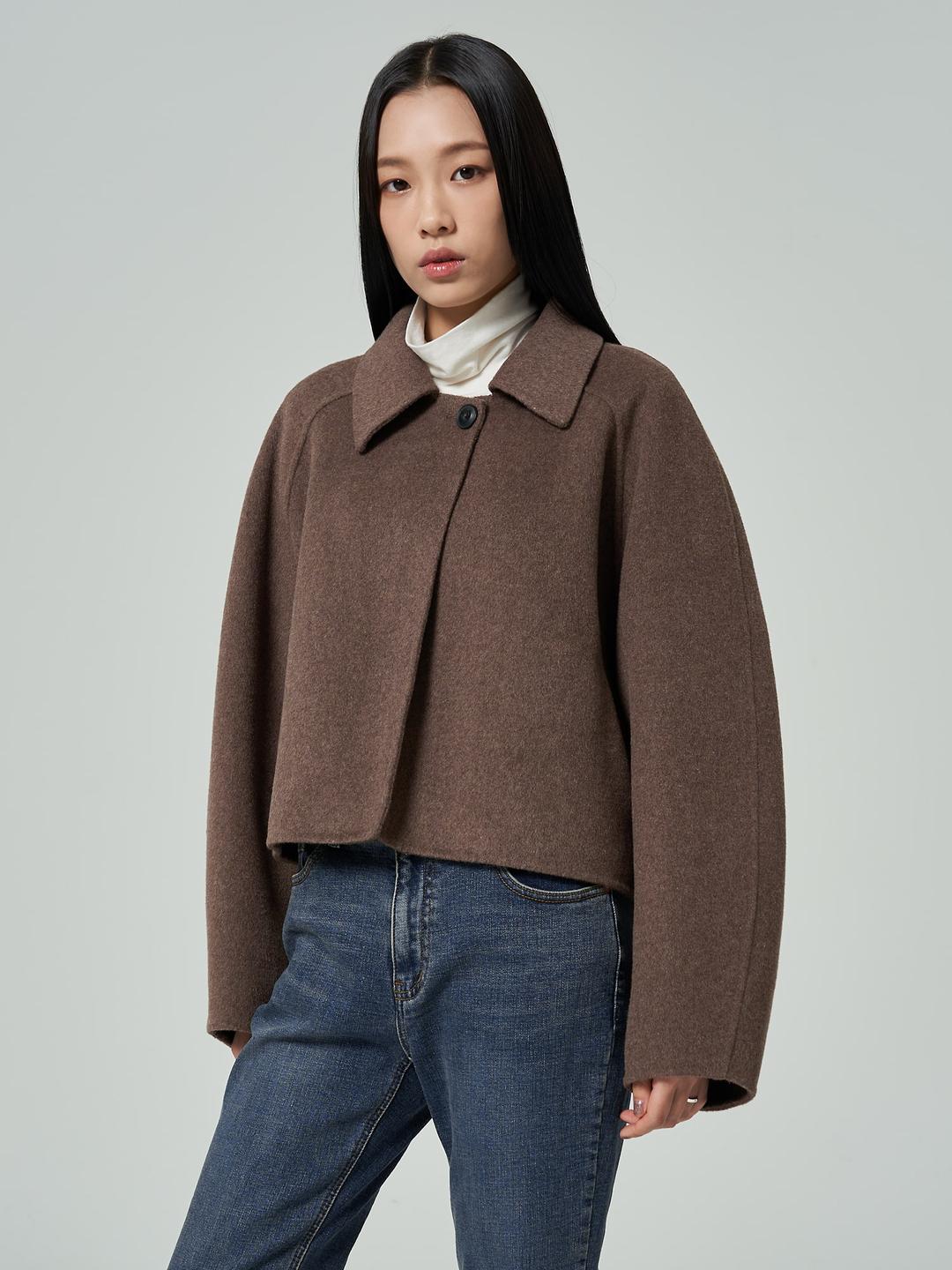 스탠드 칼라 원버튼 핸드메이드 숏코트 - 브라운
