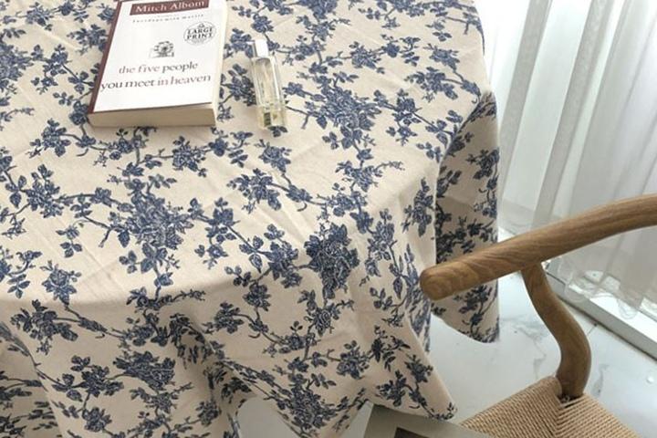 빈티지 블루플라워 린넨 테이블보 배경천 꽃무늬 협탁보 타원형 사각 4인 원형식탁보