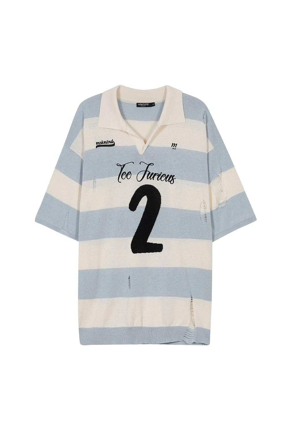 [8/18 예약배송][최강창민, 아이브 리즈 착용] 럭비 디스트레스드 오버사이즈 반팔 스웨터 페일 블루