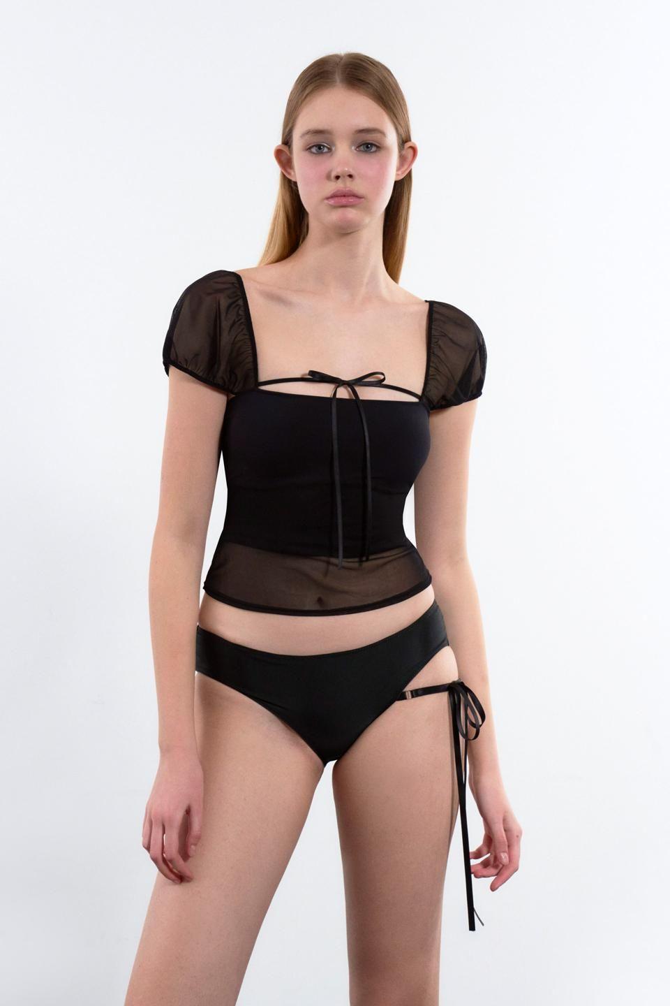 [VINAJ] [04.11 예약배송] 리본 시스루 퍼프 하프탑 비키니브라 (Black)