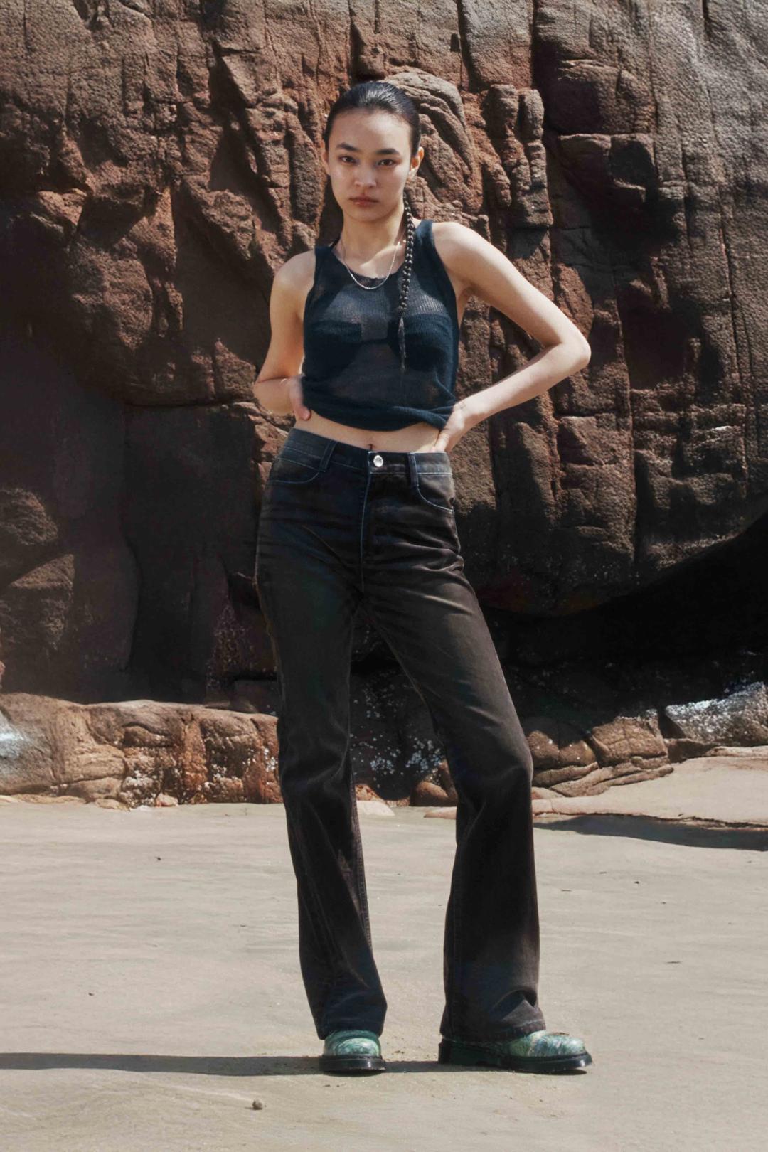 F 017 FLOCKED WASHED BOOTCUT