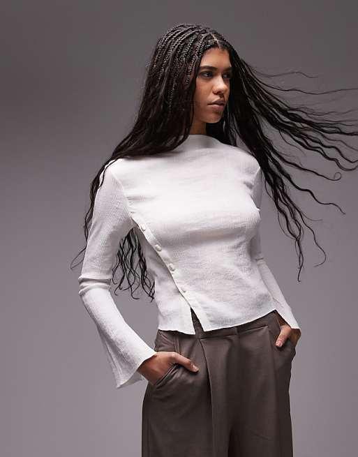 & Other Stories textured sheer long sleeve blouse with asymmetric button front in white