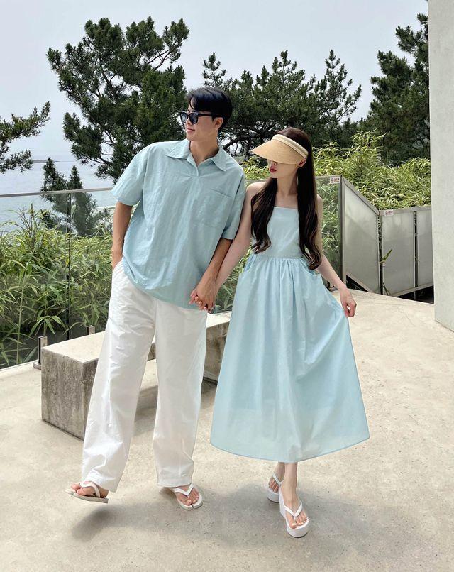 *단독[고퀄/단품가능] 커플 강추 민트 시밀러룩 남녀공용 오버핏 바스락 쿨재질 카라 반팔 포켓 아노락 티셔츠 여자 뒷트임 나시 롱원피스 세트 바캉스룩 여름 휴가 바다 신혼 여행 데이트룩