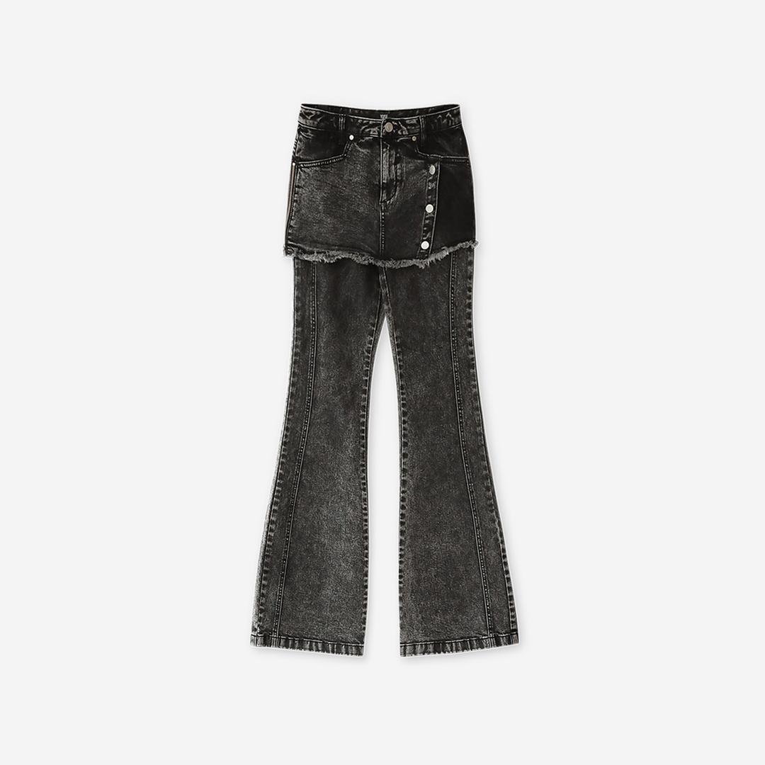 Yuse Women Skirt Layered Boots Cut Denim Pants Black