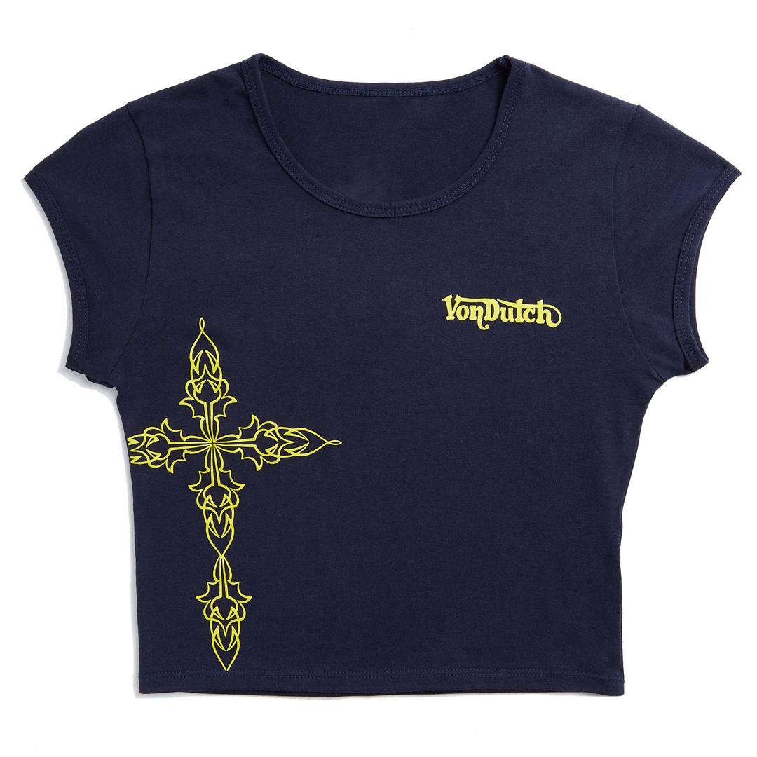 Von Dutch Navy Blue & Yellow Chopper Cross Baby Tee - XS