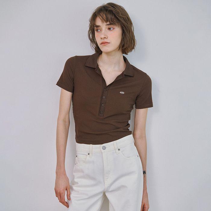 슬림 버튼 카라 티셔츠_브라운