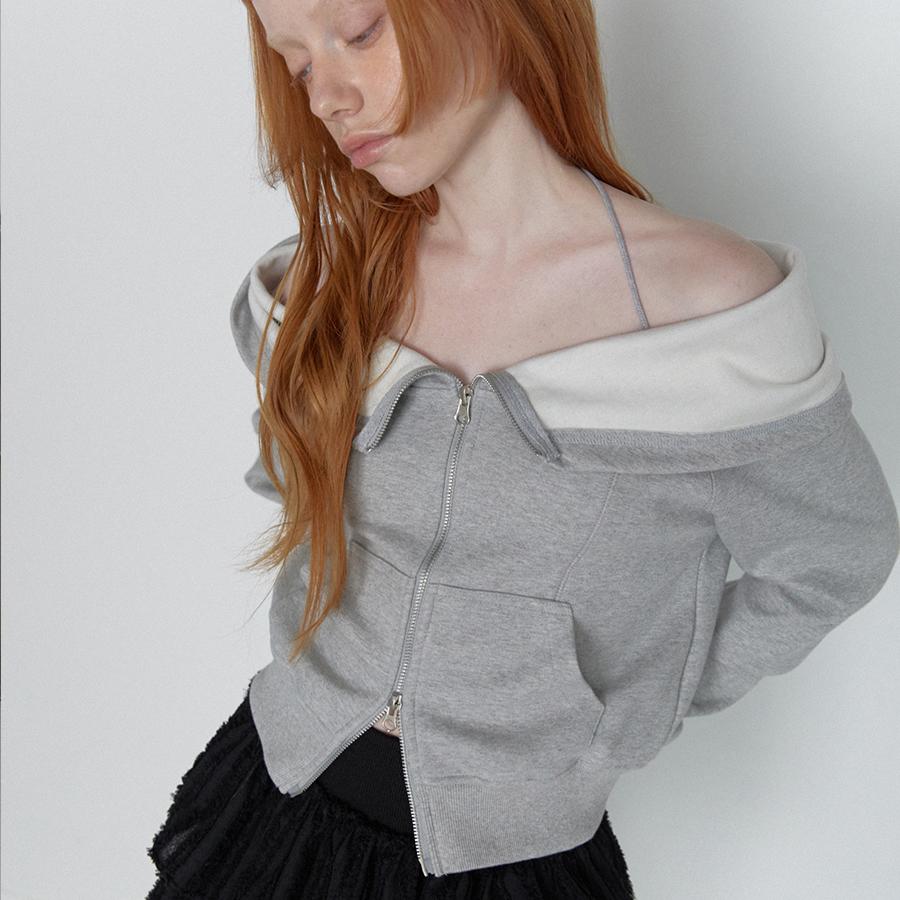 Open Halter Hoodie Zip-Up Melange Gray
