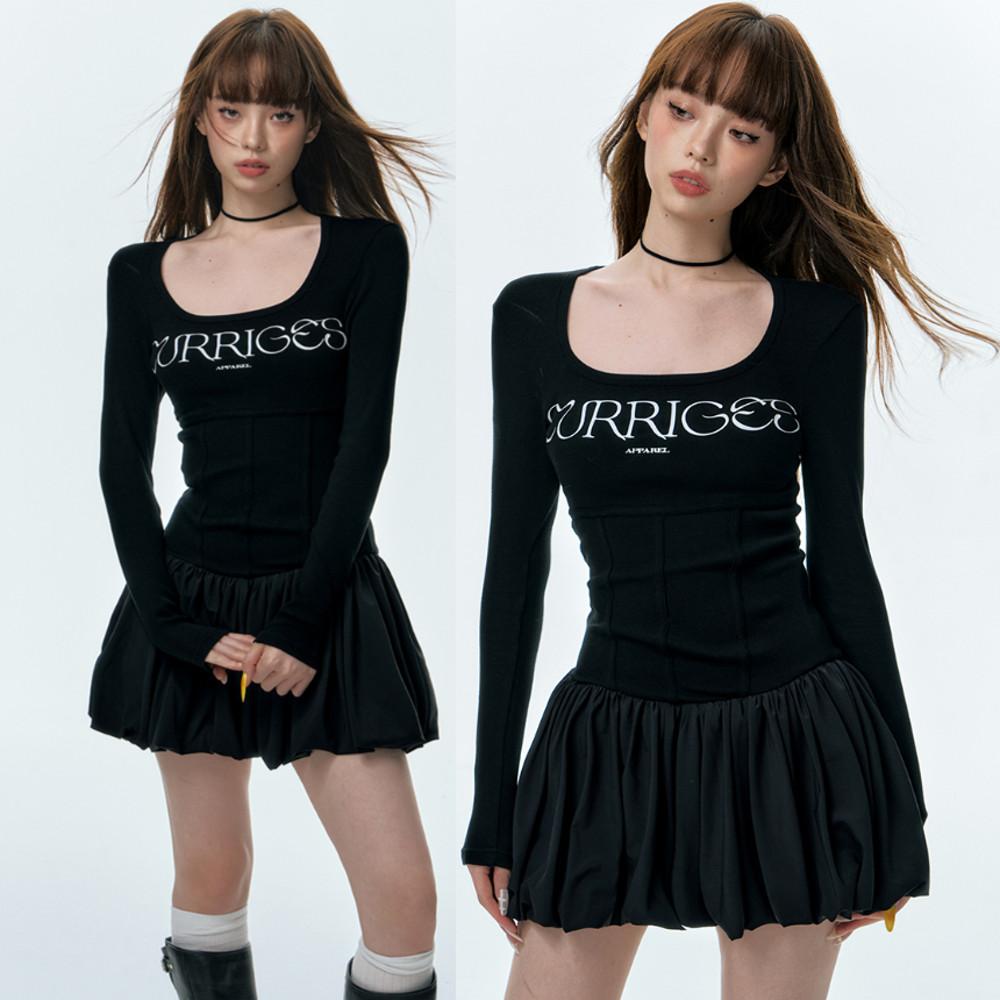 CURRIGES 슬림핏 원피스 블랙 벌룬 미니 원피스 Y2K 키치한 스타일