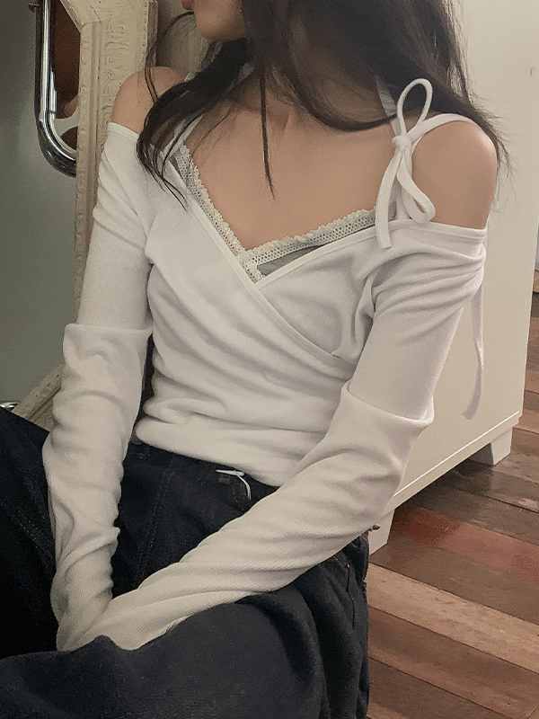 프릴라 홀터 리본끈 골지 긴팔 랩 티셔츠