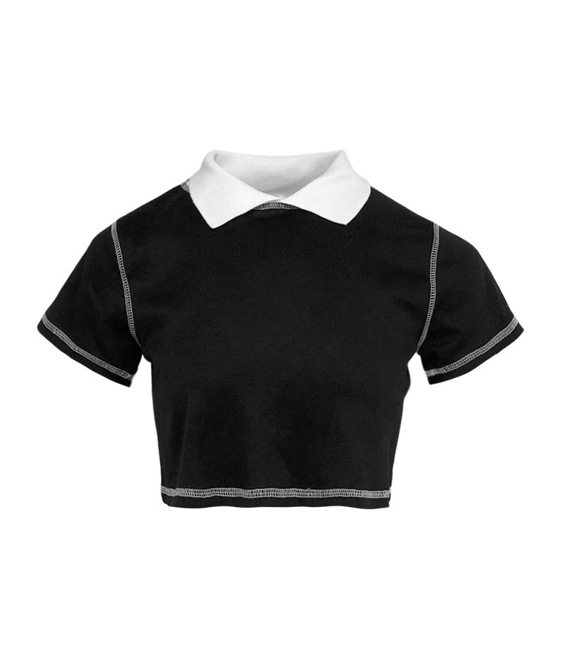 화이트 카라 스티치 크롭 티