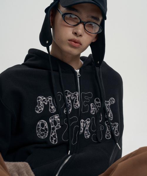 레오파드 아플리케 후드집업 - 블랙
