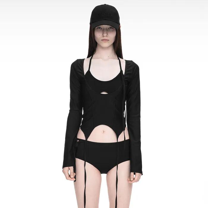 3-PIECE GARTER SWIM SUIT BLACK