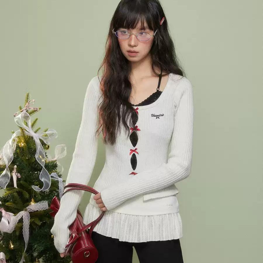 WEEKENDHUB 레이스 레이어드 페이크 투피스 화이트 크롭 니트