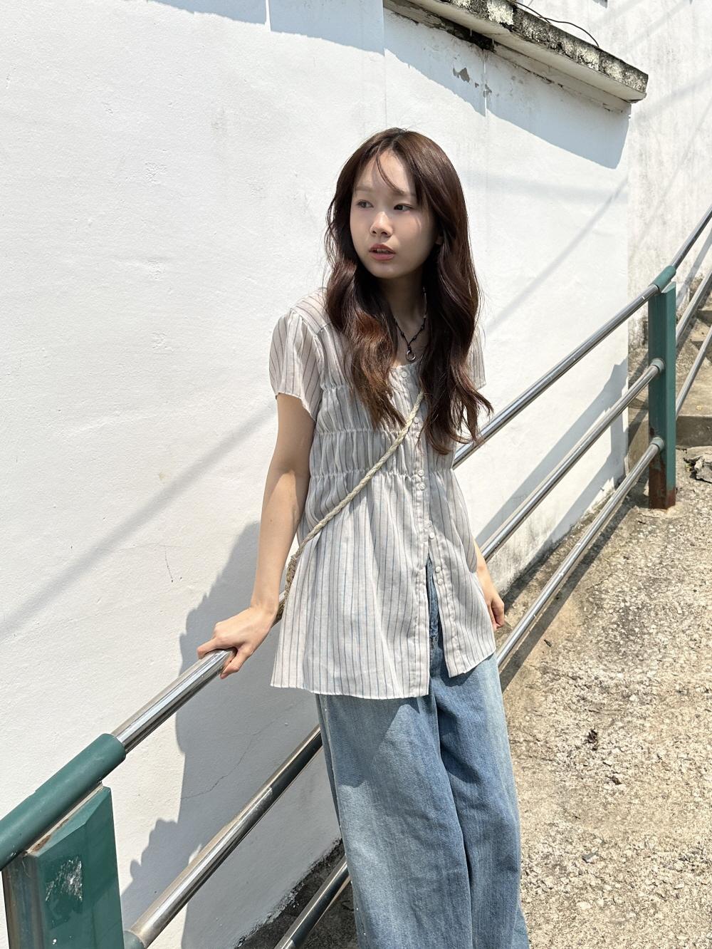 신시 더블 셔링 반팔 롱 블라우스