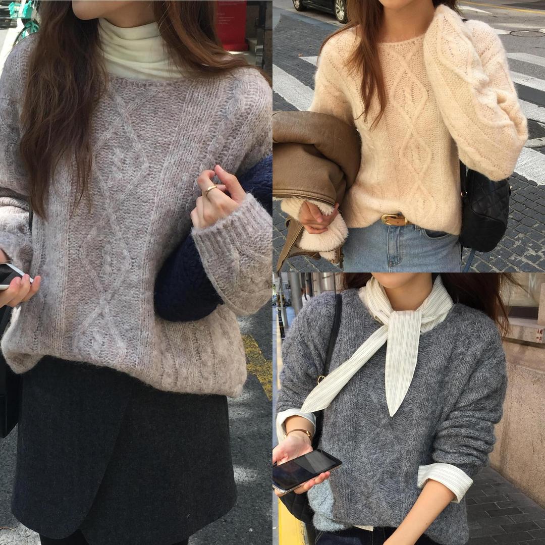 디어마이벨 오버테이크 와일드 보트넥 니트 여성 겨울 루즈핏 케이블 꽈배기 니트 티 3color