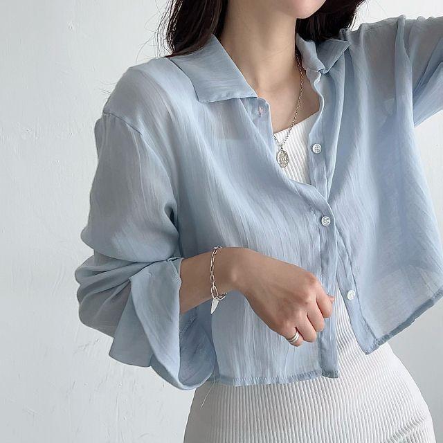 [간절기템/흐르는 여리핏!] 시스루 여름 얇은 여리핏 바캉스 휴양지 크롭 셔츠_비비드글로우