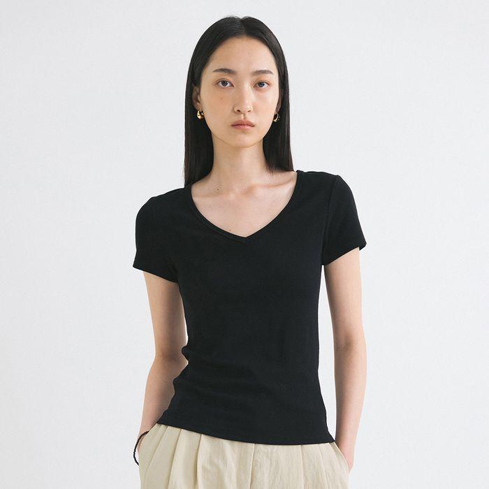 SITP5202 레트로 브이넥 슬림 반팔티_Black
