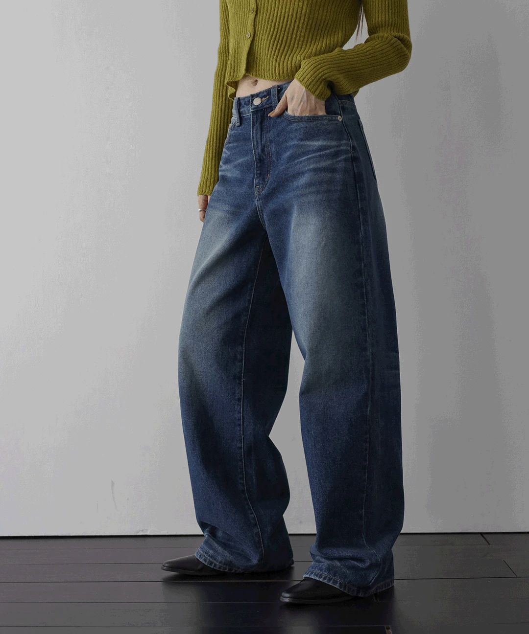 포인트 워싱 딥 데님 팬츠