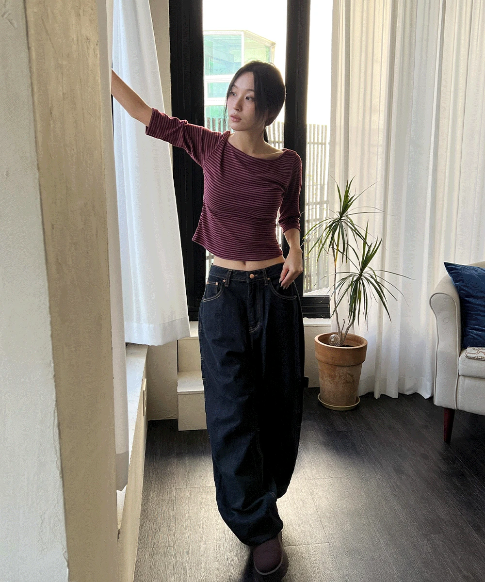 마로디 7부 단가라 보트넥 티셔츠