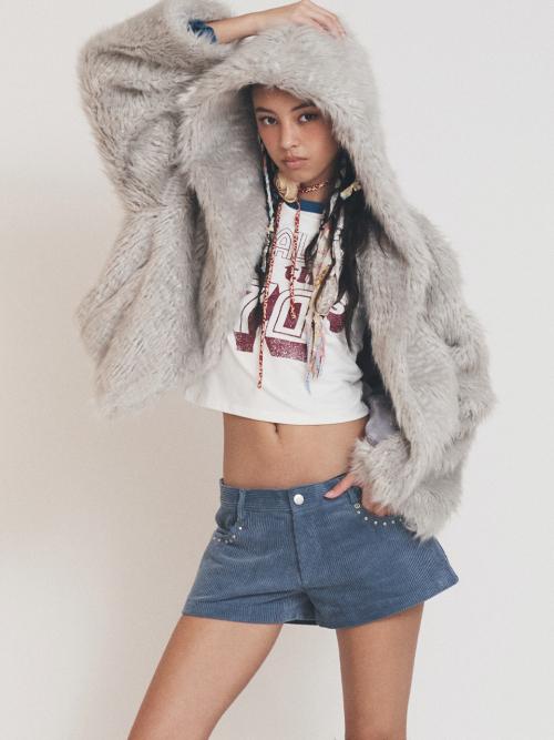 HOODED FUR JACKET GRAY