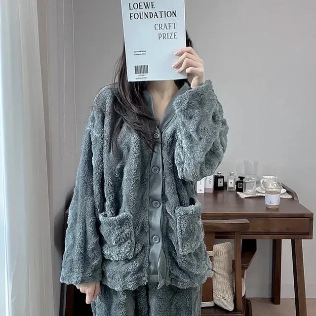 [아이보리당일💌] #B.Night 제니 브이넥 먹색&아이보리 꽈배기 가디건 긴팔 겨울 파자마 잠옷 세트/오버핏 루즈핏 겨울 극세사 양털 수면잠옷