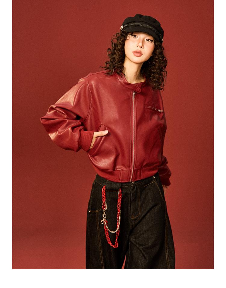 YOUNG STAGE Anchor Red Leather Short Jacket