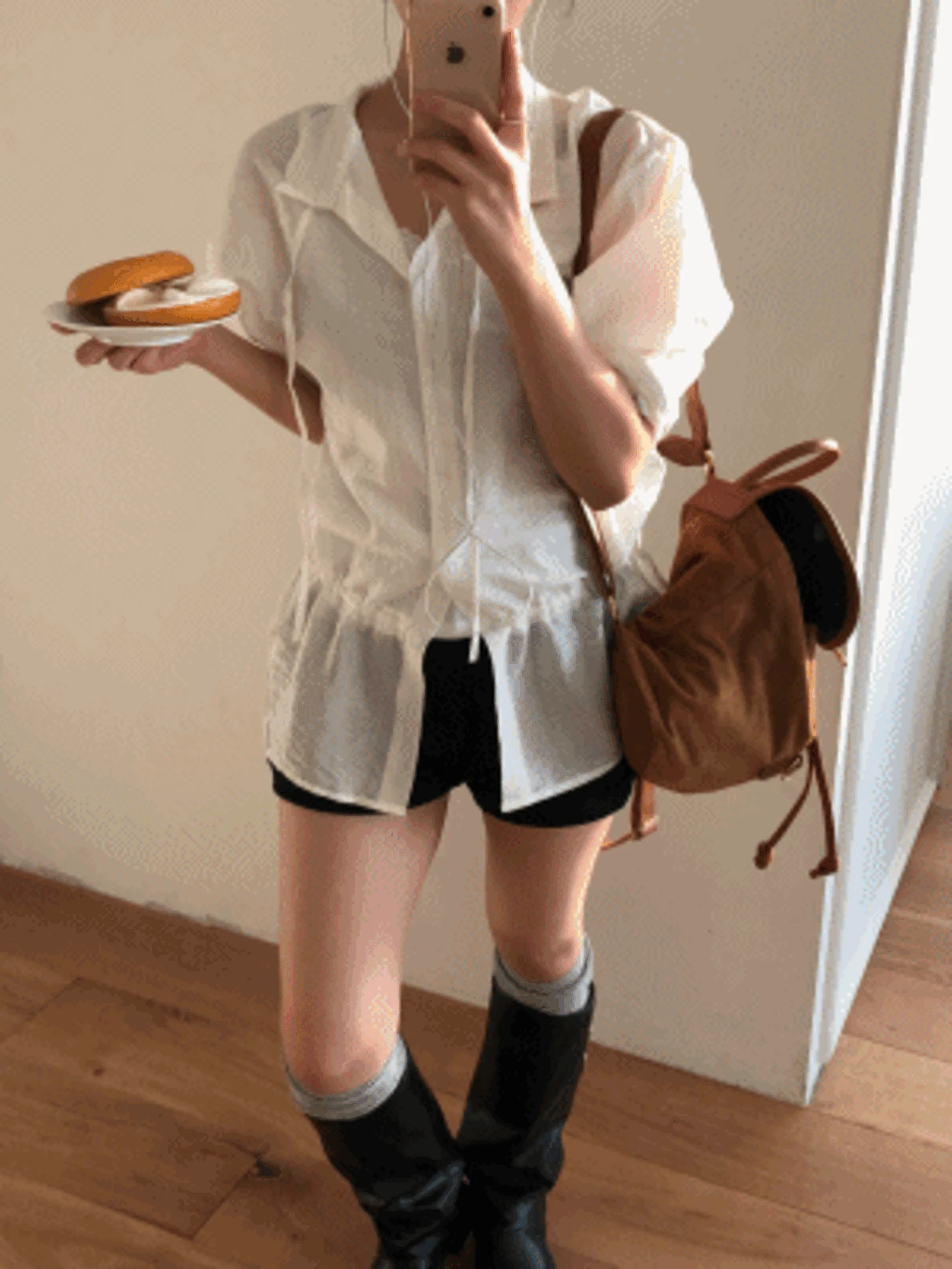 [장마철강추🤎/MD픽] 레인드롭 시스루 셔츠 블라우스 리본 스트링 러블리 간절기 여름블라우스 (2col)