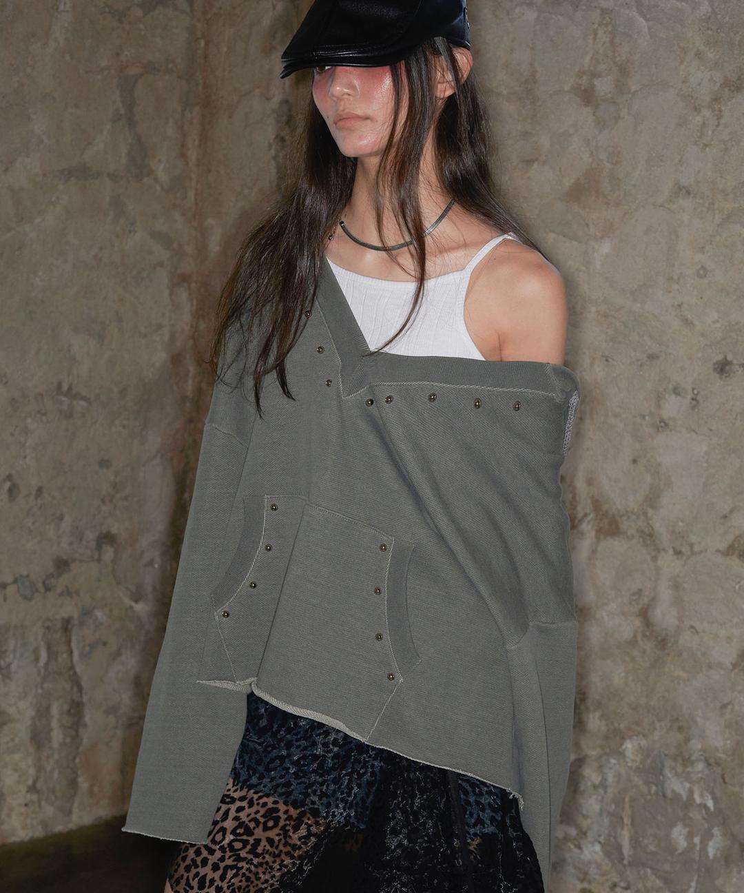 Deep V-Neck Stud Hoodie (KHAKI)