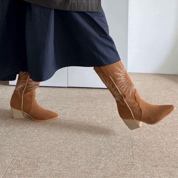 스웨이드 빈티지 자수 미들 웨스턴 부츠