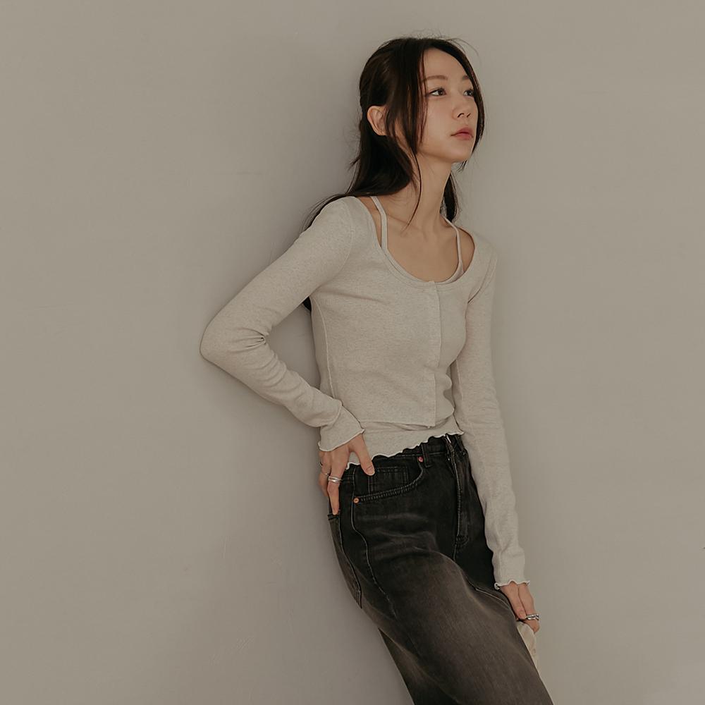 에드 웨이브 홀터넥 슬리브리스 가디건 세트 (봄/간절기/여름 신상/데일리/트렌디/크롭/골지/레이어드)