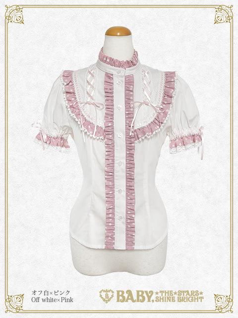 Milky Dot♡ Stand-up collar half sleeve blouse - オフ白×ピンク White×Pink