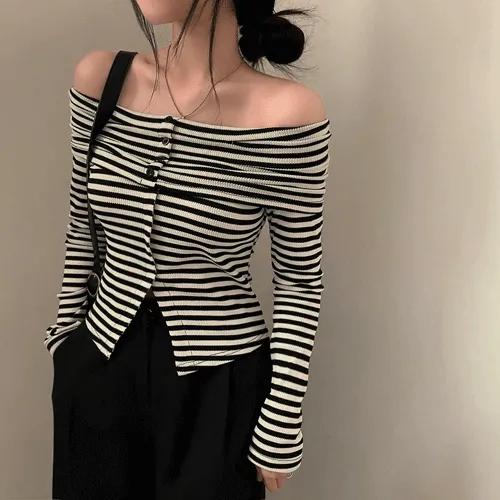 [핏예쁨!] 캔디 단가라 스트라이프 긴팔 오프숄더