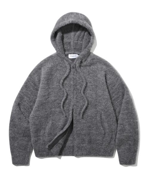 헤어리 크롭 니트 후드 집업 (챠콜)