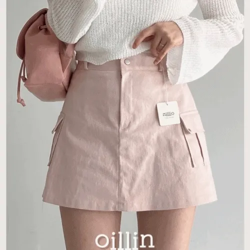 당일출고 [ 자체제작 oillin ] 연(軟) sk - 카고 a라인 파스텔 핑크 그린 퍼플 미니스커트
