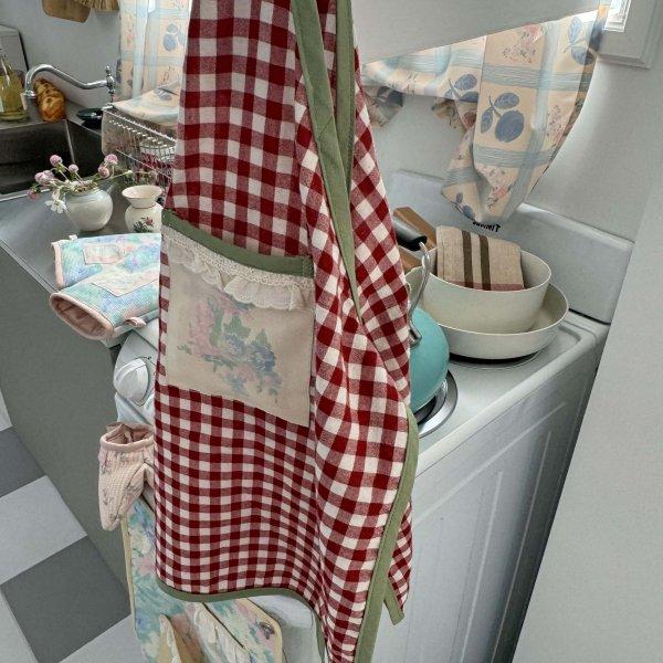 red check floral apron